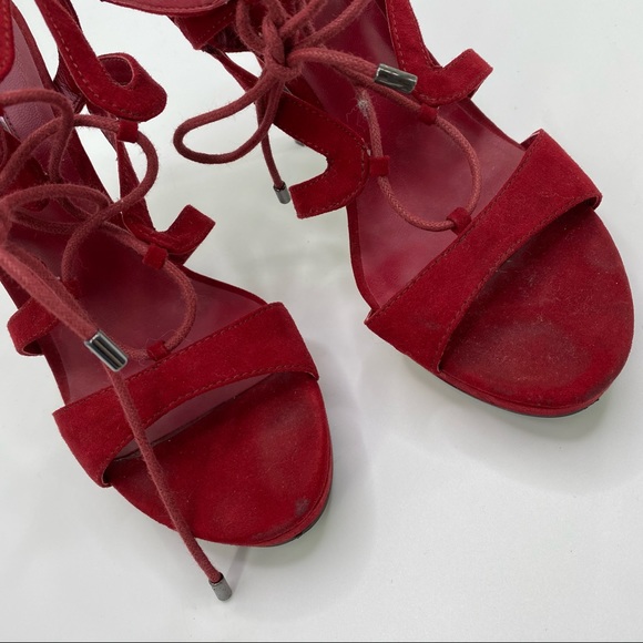 GUESSE Sexy Red Velvet Lace Up High Top Stilettos - Picture 5 of 7
